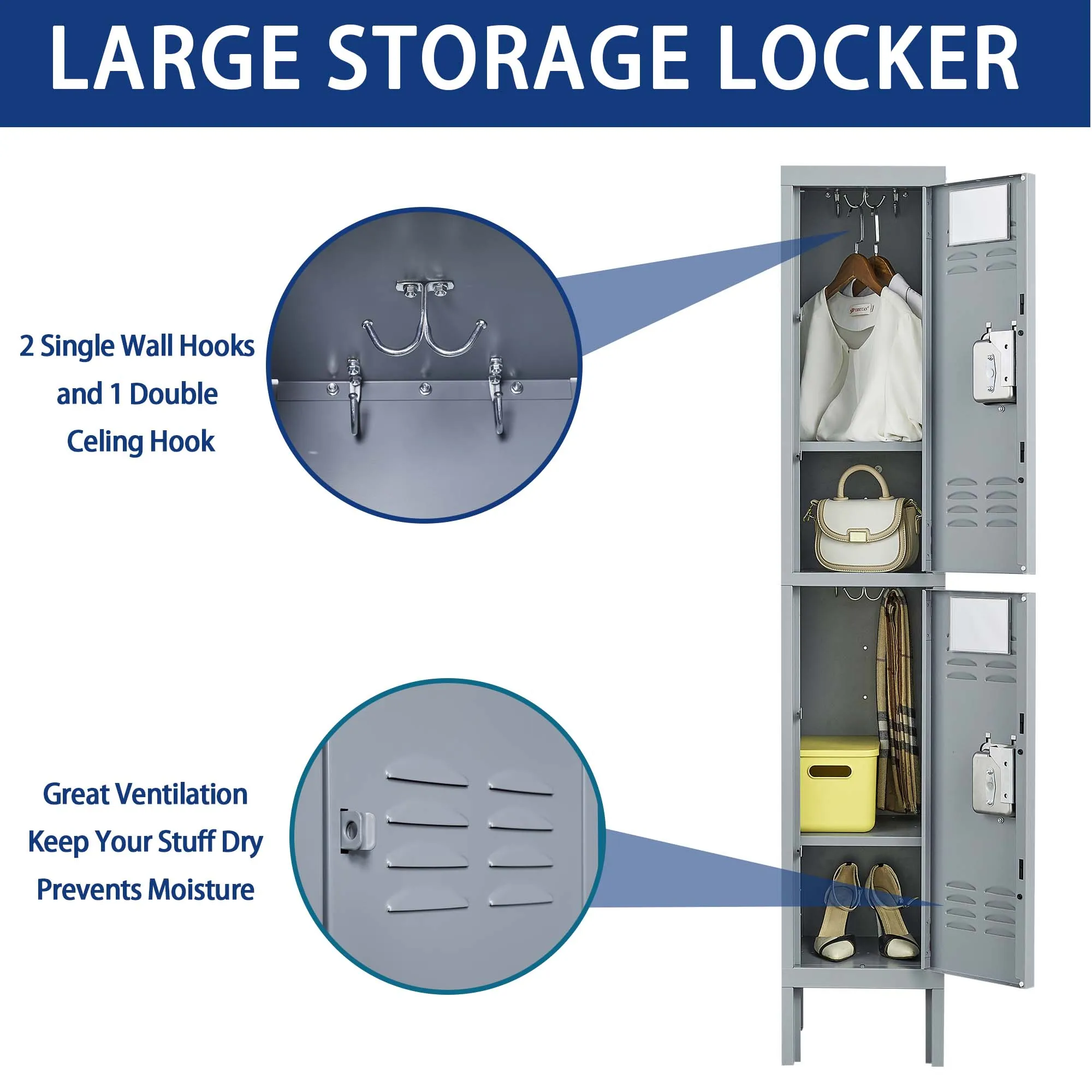 2-Door 66"H Metal Lockers w/ Lock for Employees, Storage Cabinet for Gym, Office, School, Garage - Gray
