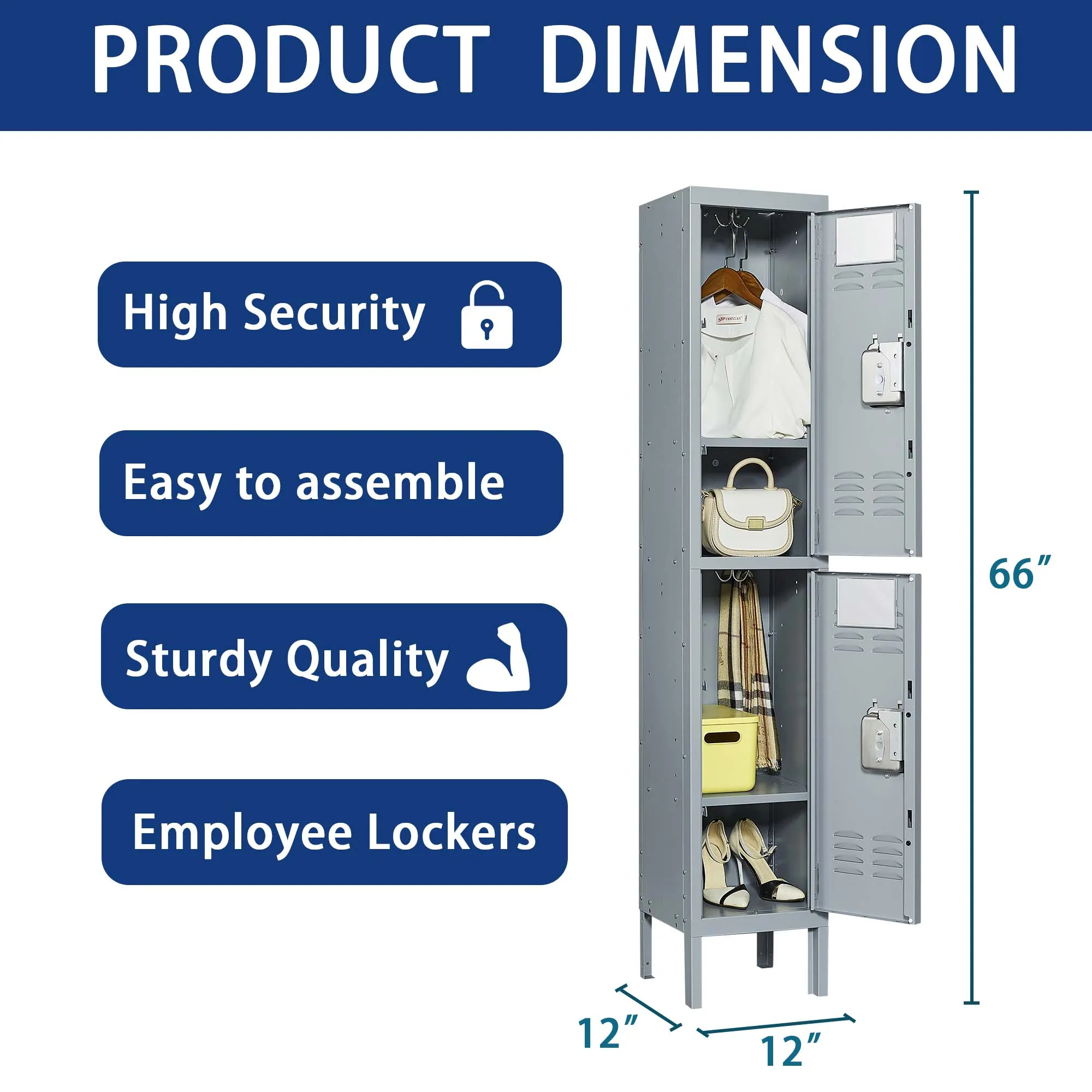 2-Door 66"H Metal Lockers w/ Lock for Employees, Storage Cabinet for Gym, Office, School, Garage - Gray
