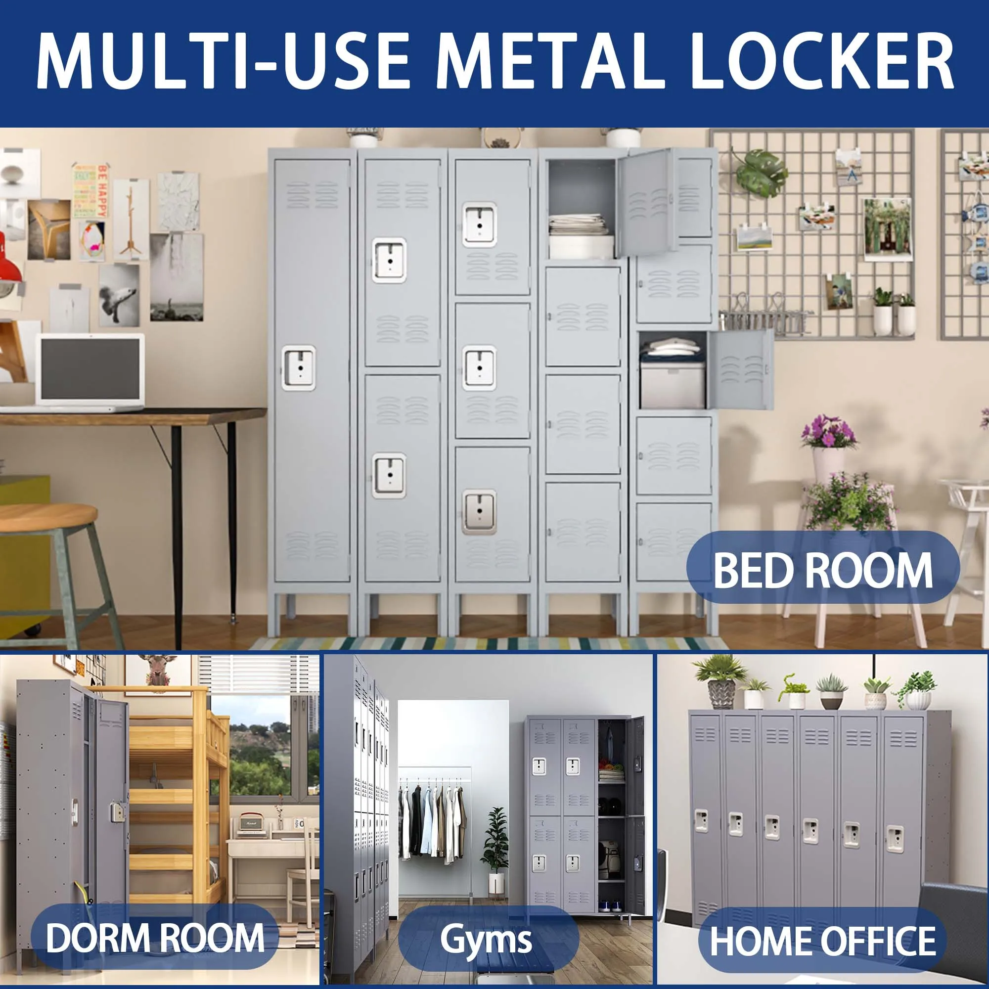 2-Door 66"H Metal Lockers w/ Lock for Employees, Storage Cabinet for Gym, Office, School, Garage - Gray