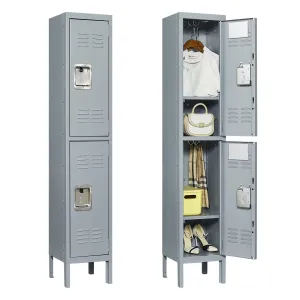 2-Door 66"H Metal Lockers w/ Lock for Employees, Storage Cabinet for Gym, Office, School, Garage - Gray