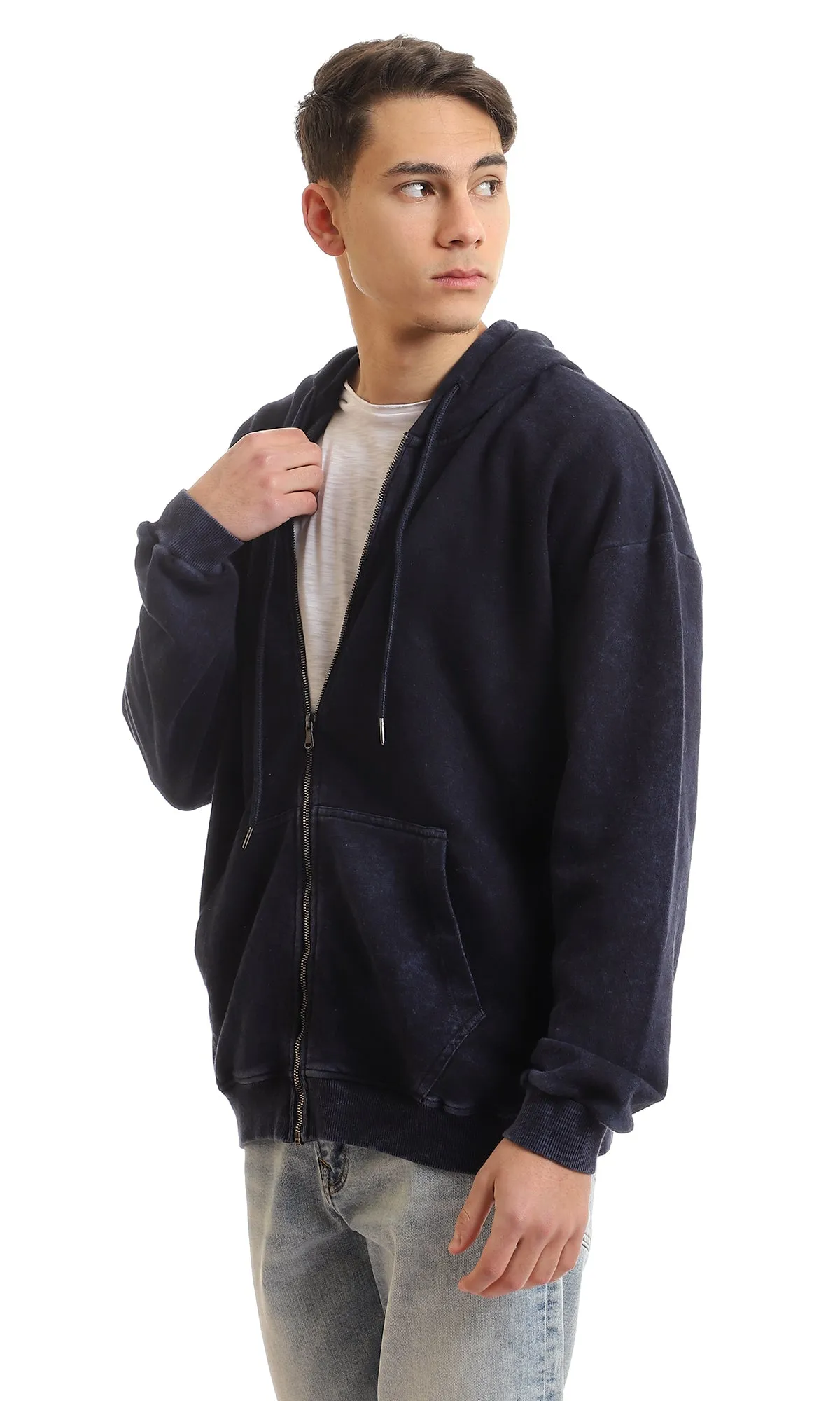 96191 Front Pockets Cotton Zip Through Hoodie - Navy Blue