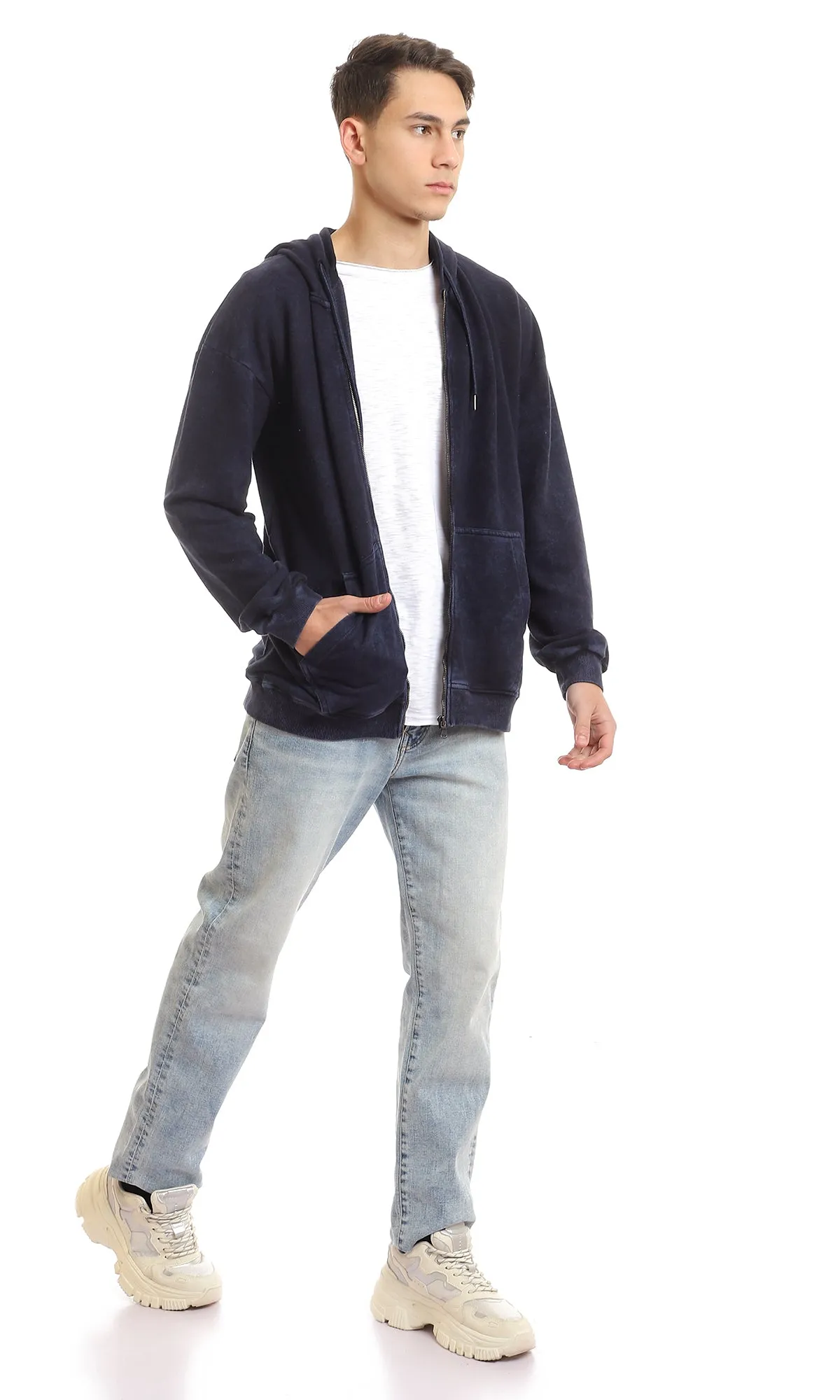 96191 Front Pockets Cotton Zip Through Hoodie - Navy Blue