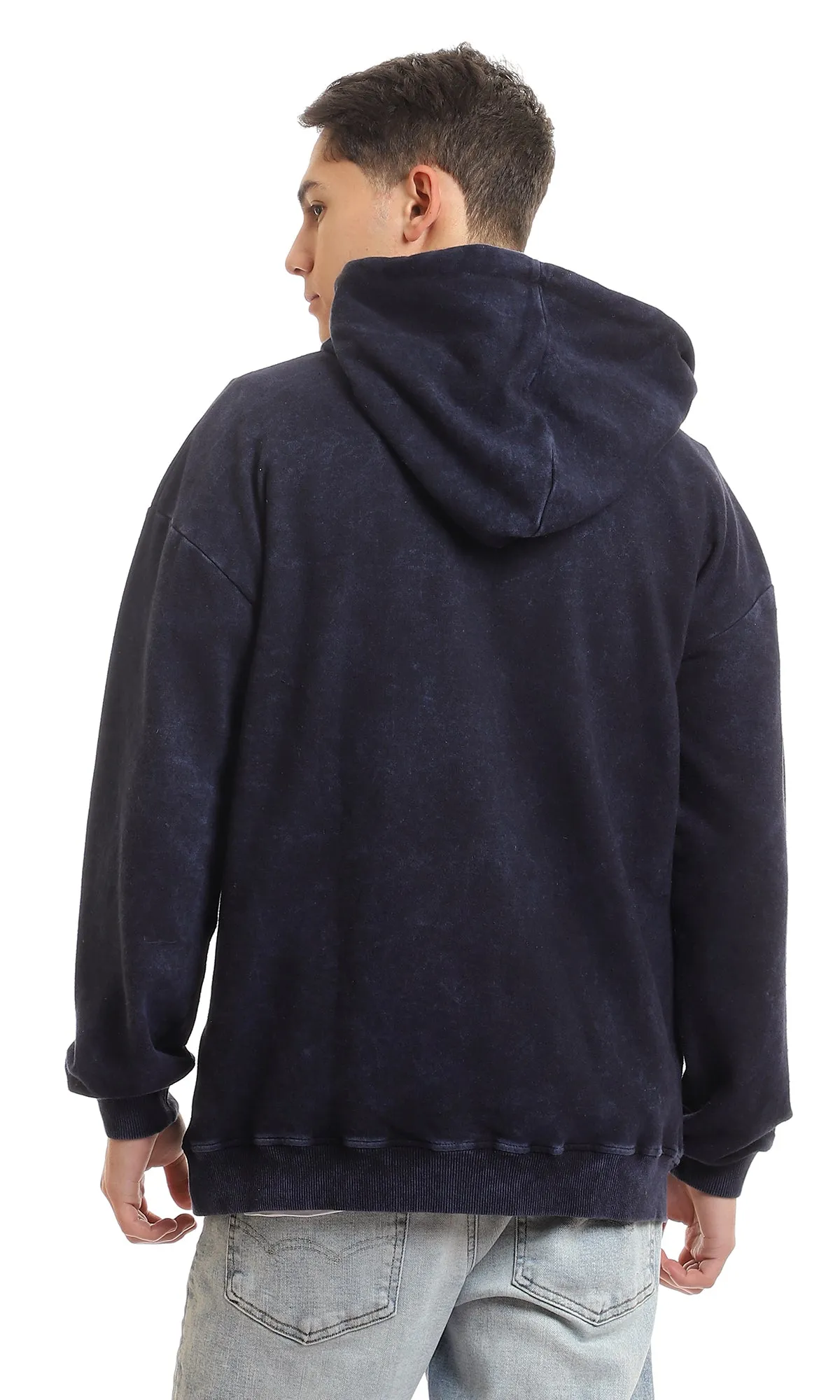 96191 Front Pockets Cotton Zip Through Hoodie - Navy Blue