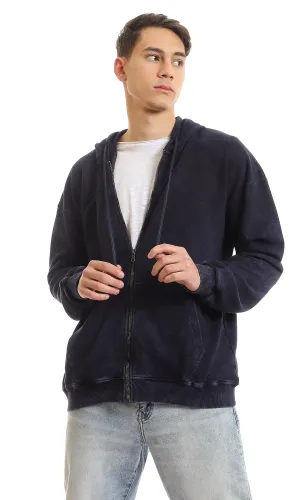 96191 Front Pockets Cotton Zip Through Hoodie - Navy Blue