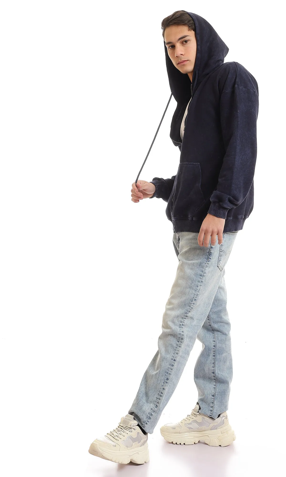 96191 Front Pockets Cotton Zip Through Hoodie - Navy Blue