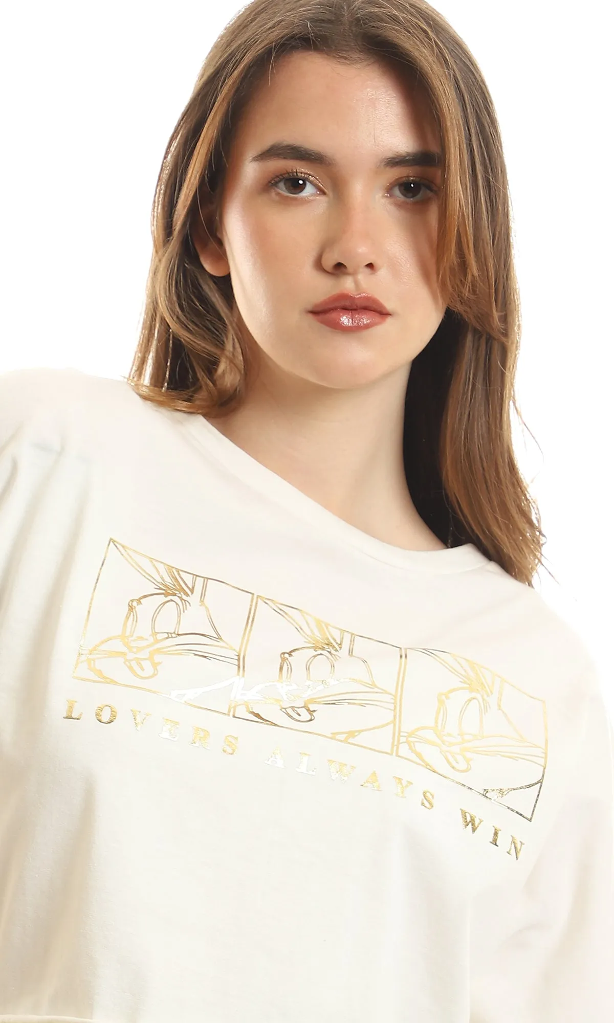 97485 "Looney Tunes" Cropped Slip On Cotton T-Shirt - Off White