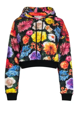 Alice & Olivia - Black & Multicolored Floral Print Cropped Hoodie Sz M