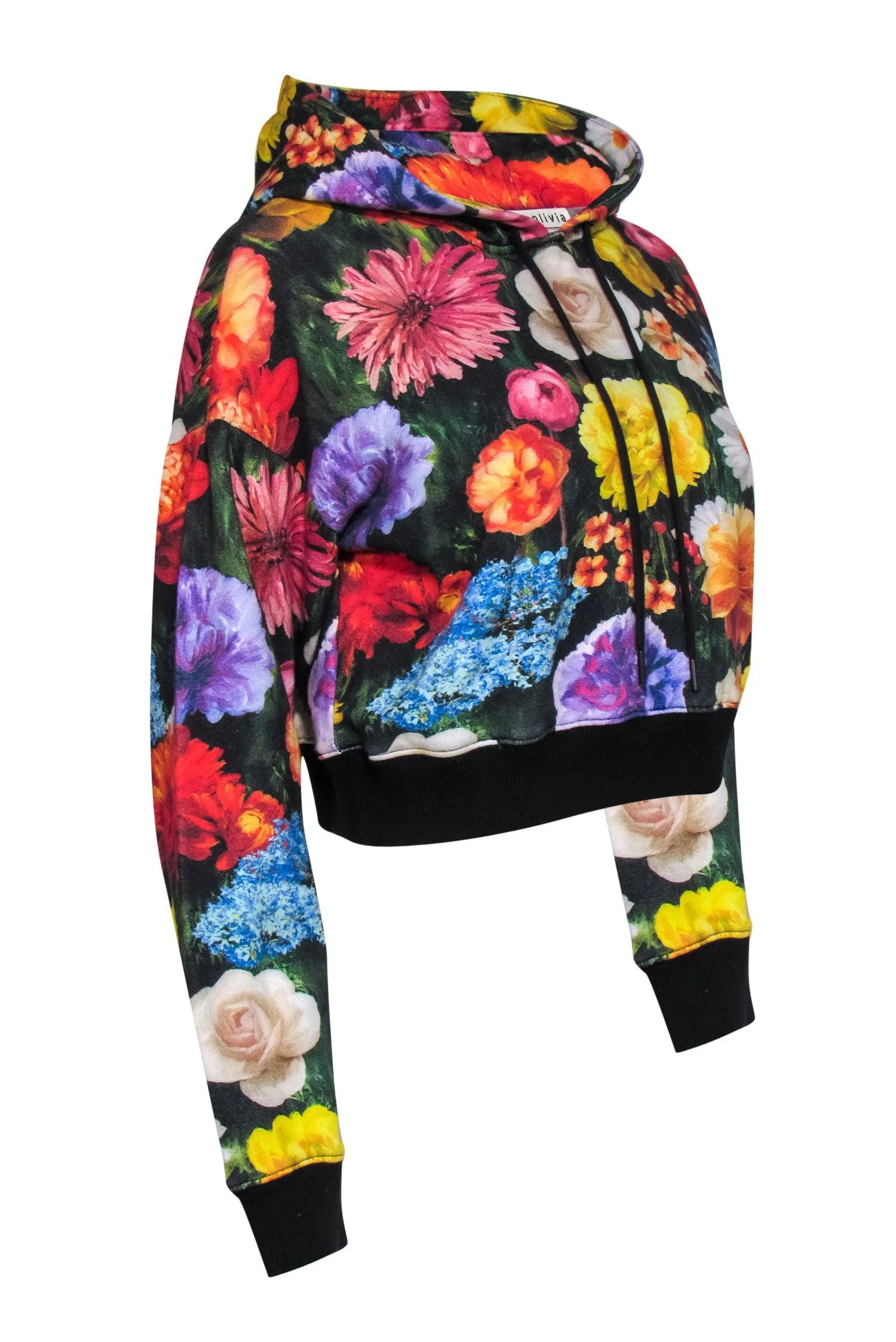 Alice & Olivia - Black & Multicolored Floral Print Cropped Hoodie Sz M