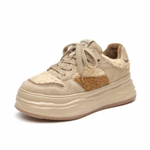 BeauToday Womens Fleece Lace Up Patchwork Chunky Sneaker