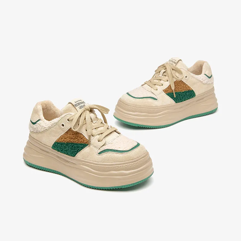 BeauToday Womens Fleece Lace Up Patchwork Chunky Sneaker