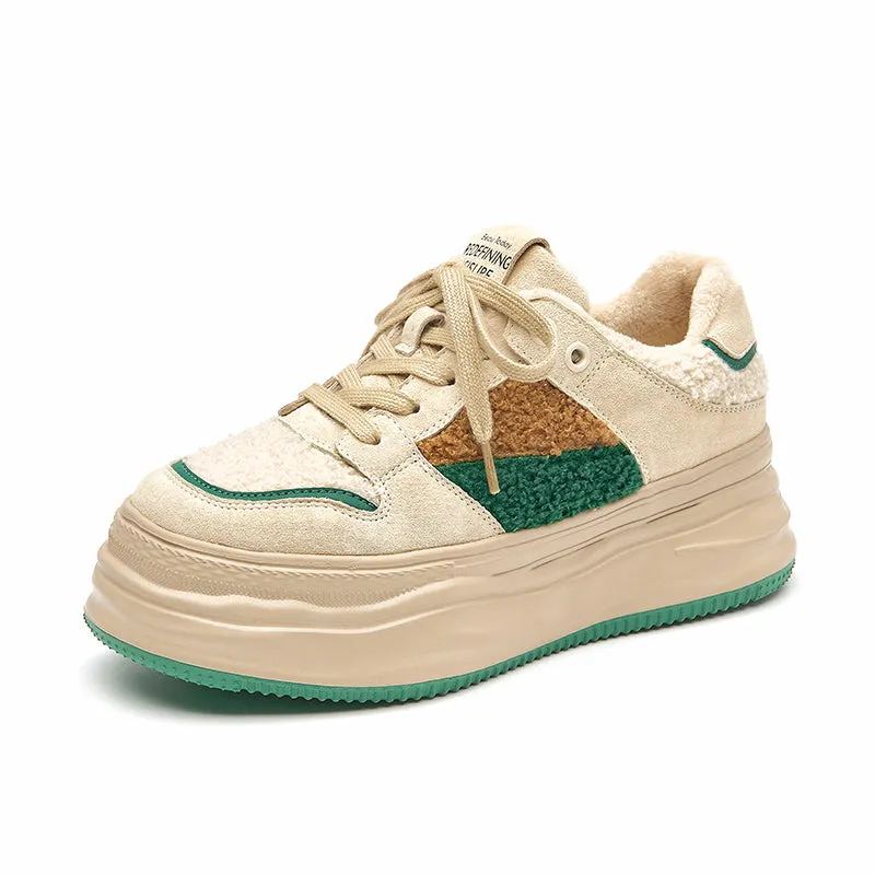 BeauToday Womens Fleece Lace Up Patchwork Chunky Sneaker