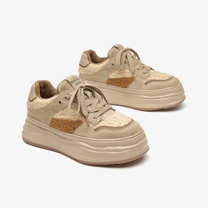 BeauToday Womens Fleece Lace Up Patchwork Chunky Sneaker
