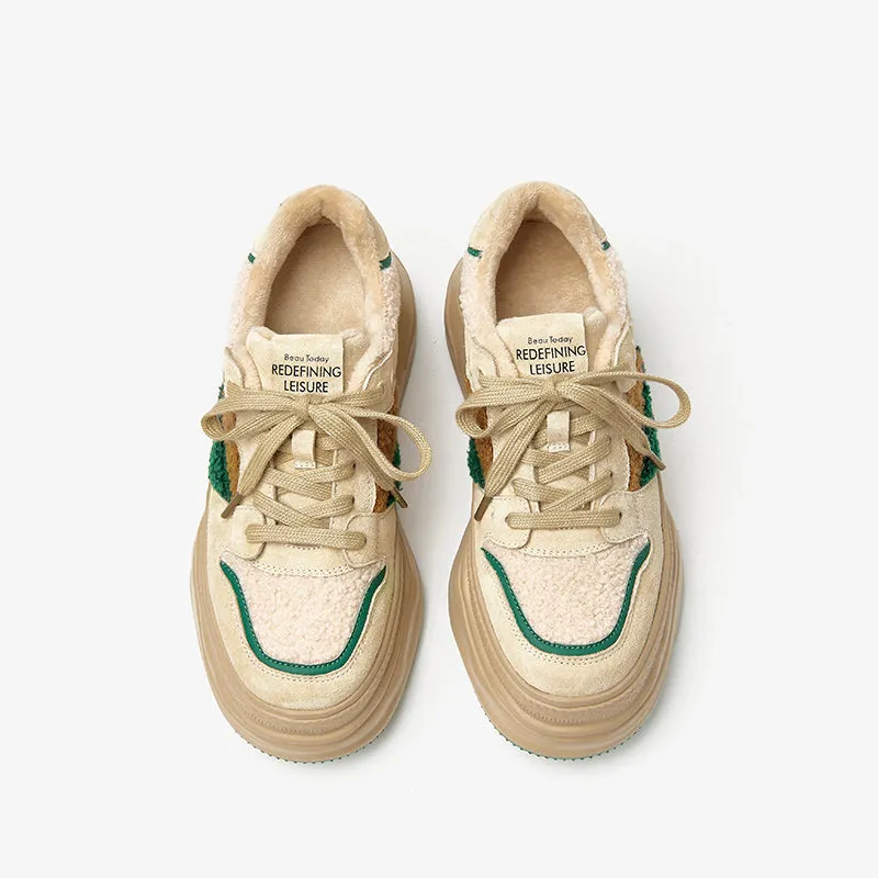 BeauToday Womens Fleece Lace Up Patchwork Chunky Sneaker