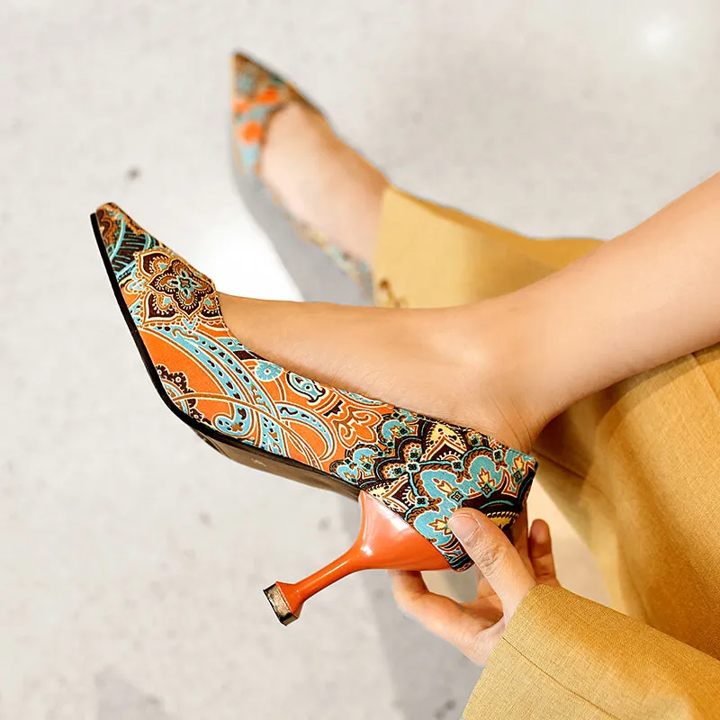 Bigsizeheels National style color thin heel shoes - Orange