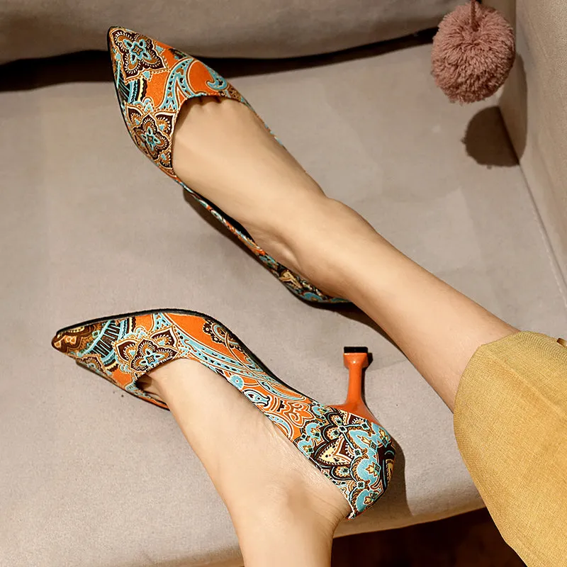 Bigsizeheels National style color thin heel shoes - Orange