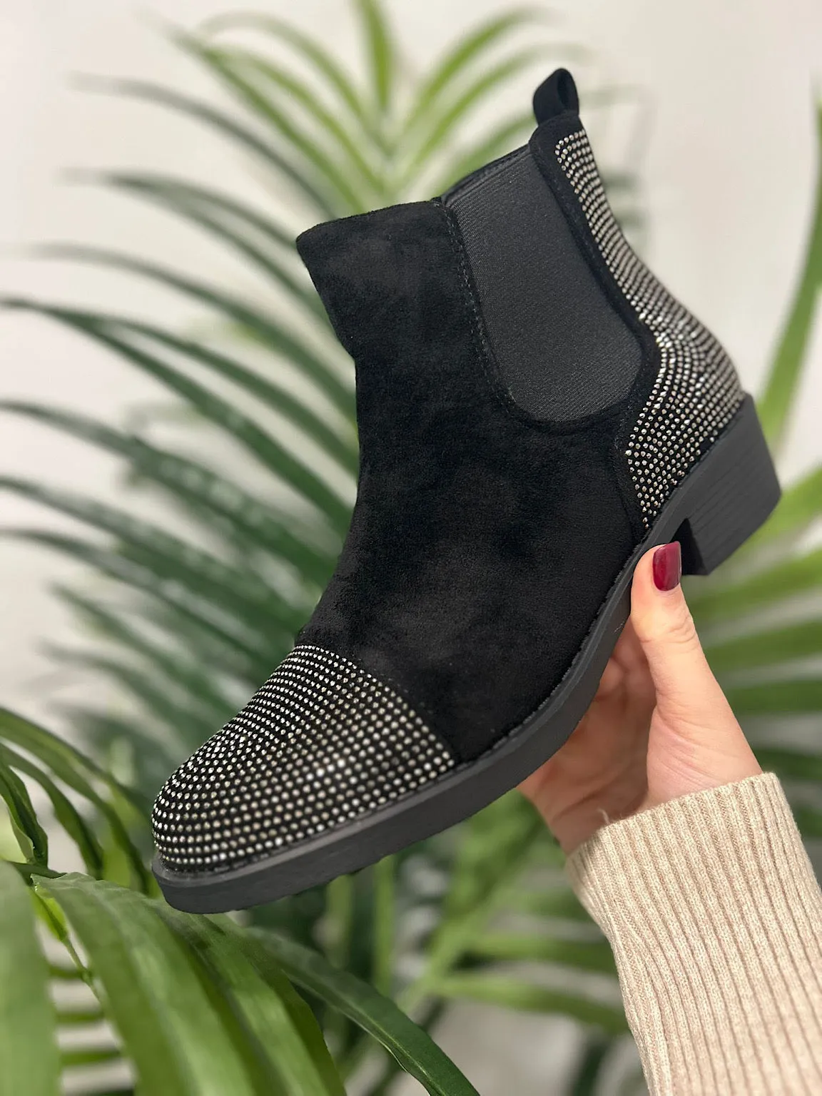 Black Embellished Faux Suede Chelsea Boots