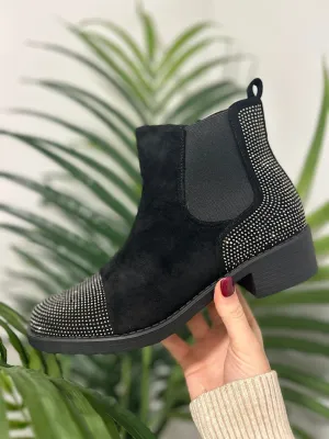 Black Embellished Faux Suede Chelsea Boots