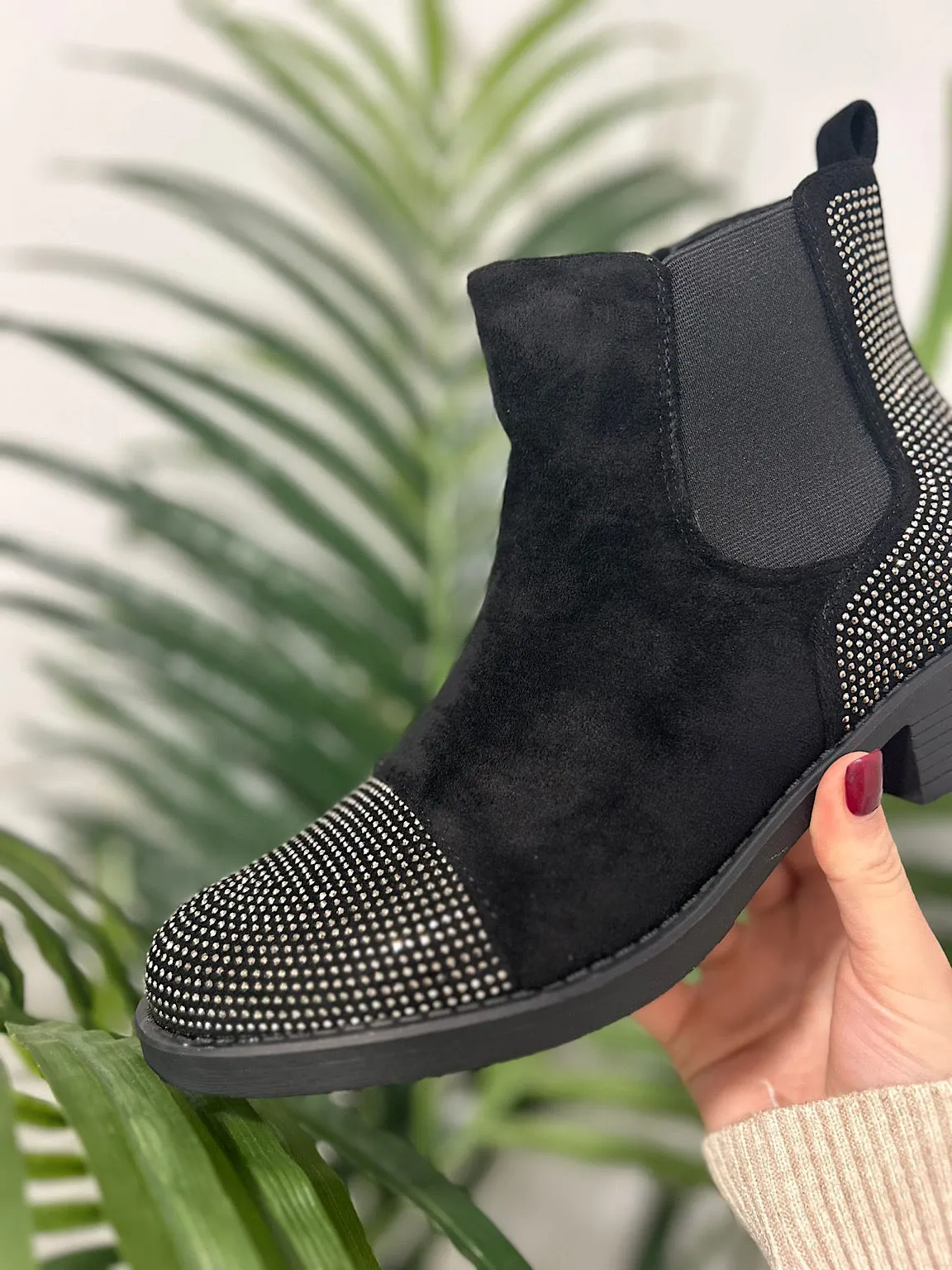 Black Embellished Faux Suede Chelsea Boots