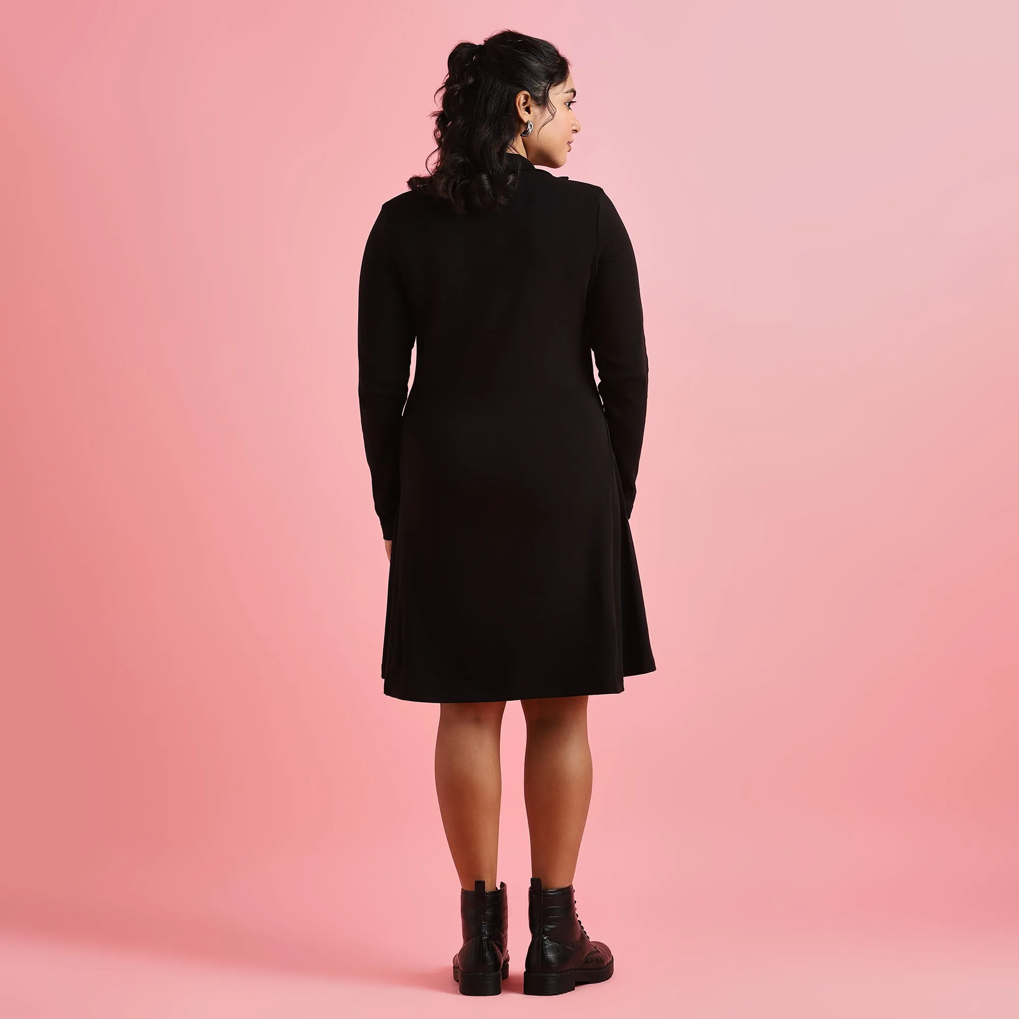 Black Rib Plus Size Zipper Skater Dress