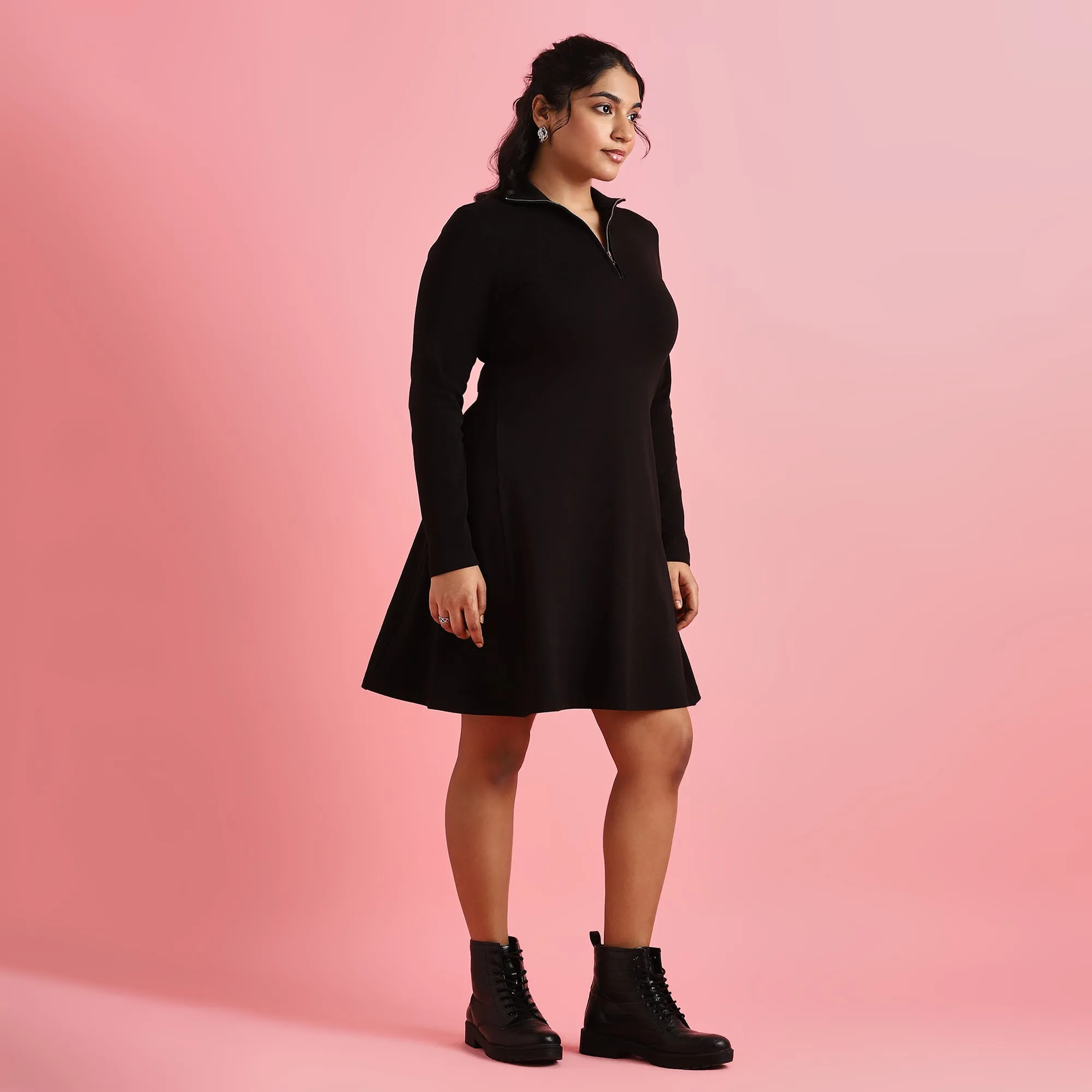 Black Rib Plus Size Zipper Skater Dress