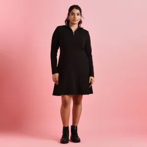 Black Rib Plus Size Zipper Skater Dress