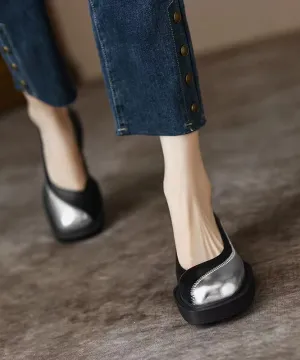 Black Women Comfy Splicing Chunky Cowhide Leather Loafer Shoes AH716 Black Women Comfy Splicing Chunky Cowhide Leather Loafer Shoes AH716