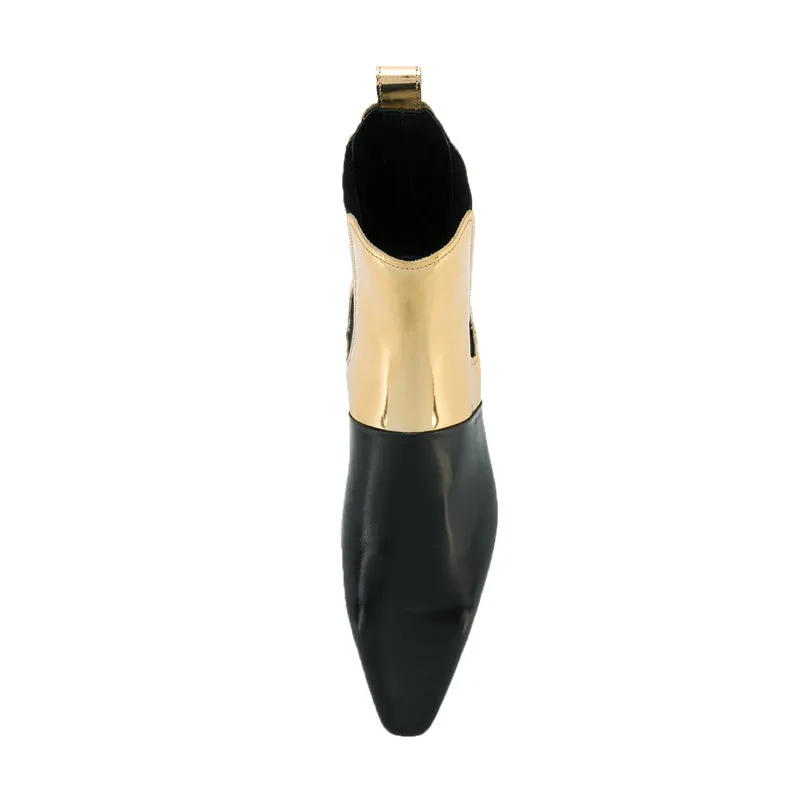 BOOPDO DESIGN RETRO LEATHER GOLD BLACK ANKLE CHELSEA BOOTS