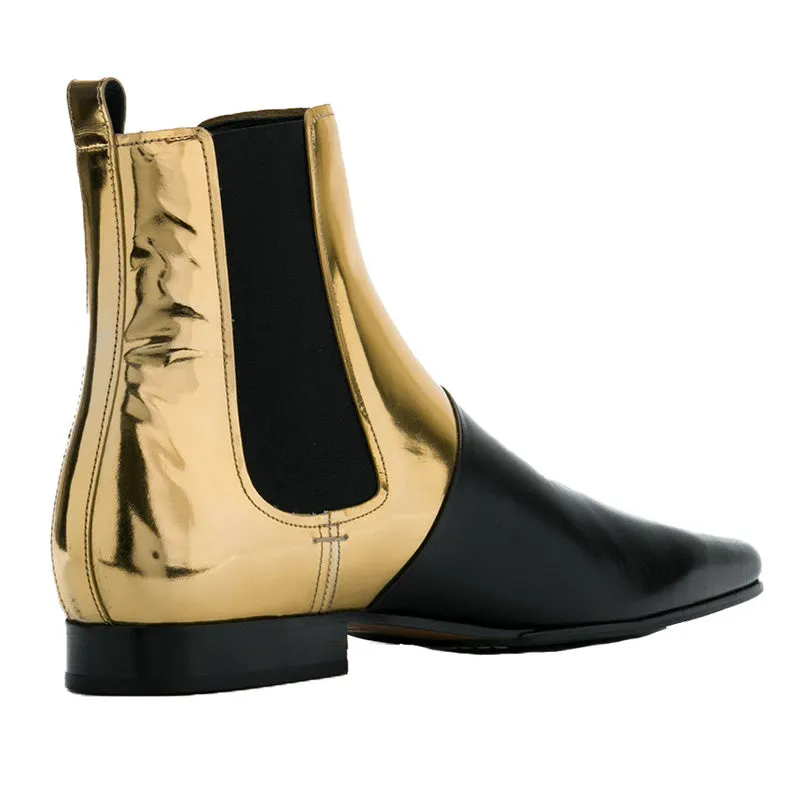 BOOPDO DESIGN RETRO LEATHER GOLD BLACK ANKLE CHELSEA BOOTS