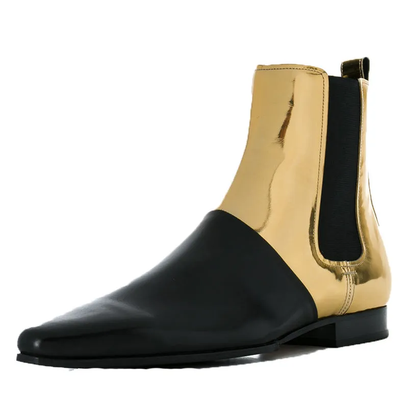 BOOPDO DESIGN RETRO LEATHER GOLD BLACK ANKLE CHELSEA BOOTS