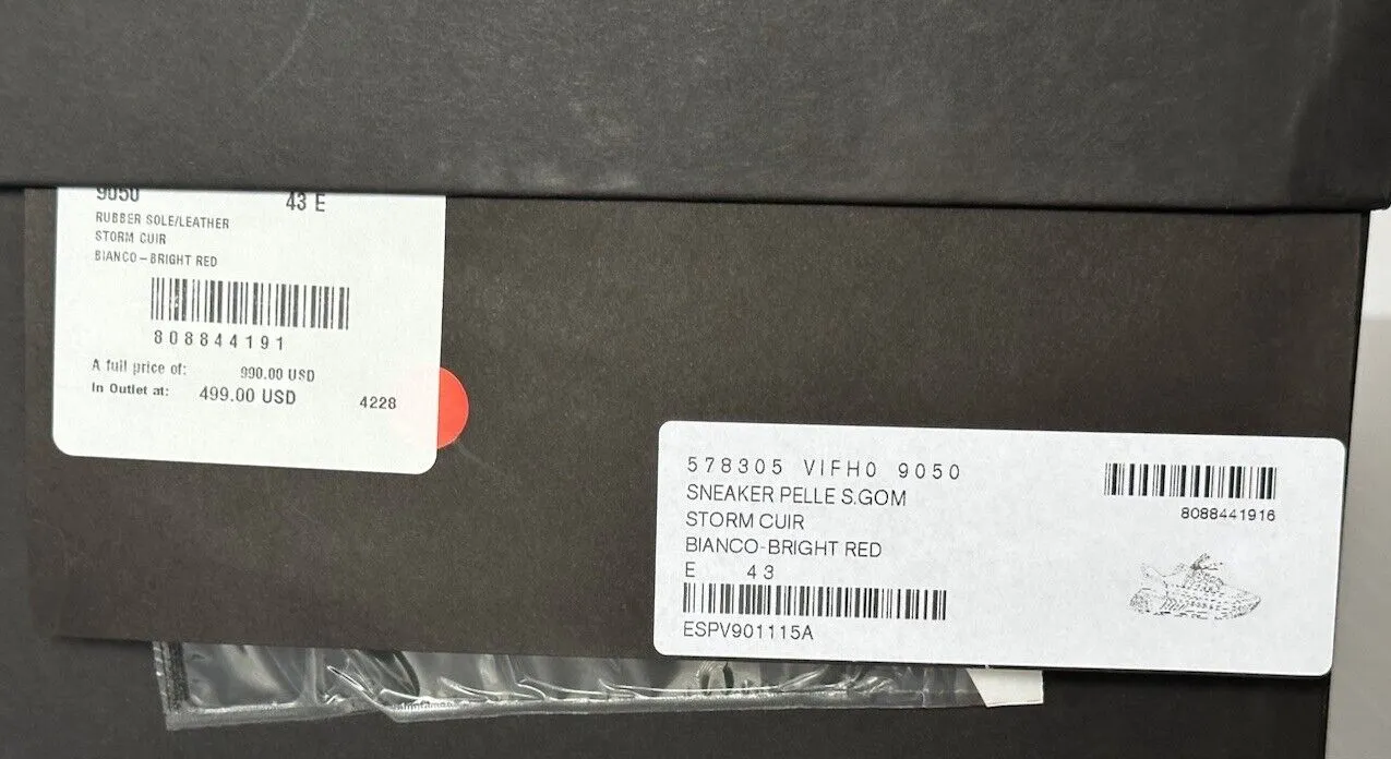 Bottega Veneta Mens Leather White/Red Sneakers 10 US (43 Euro) 578305 NIB $990