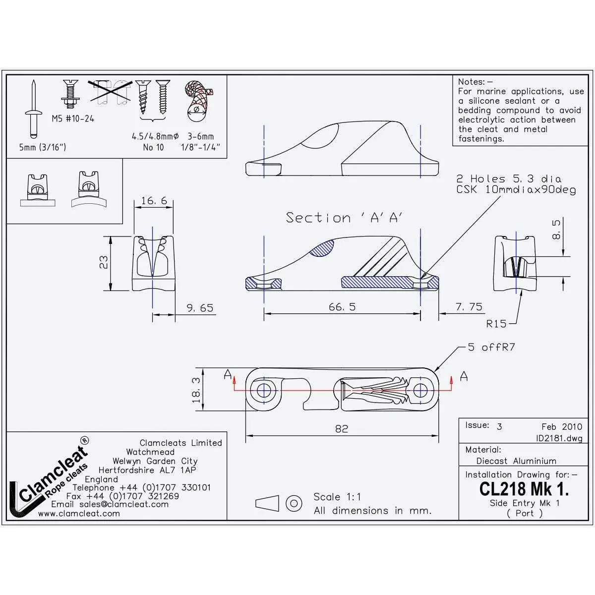 Clamcleat CL218 Mk1AN Side Entry - Port - Anodised - CL218 MK1AN