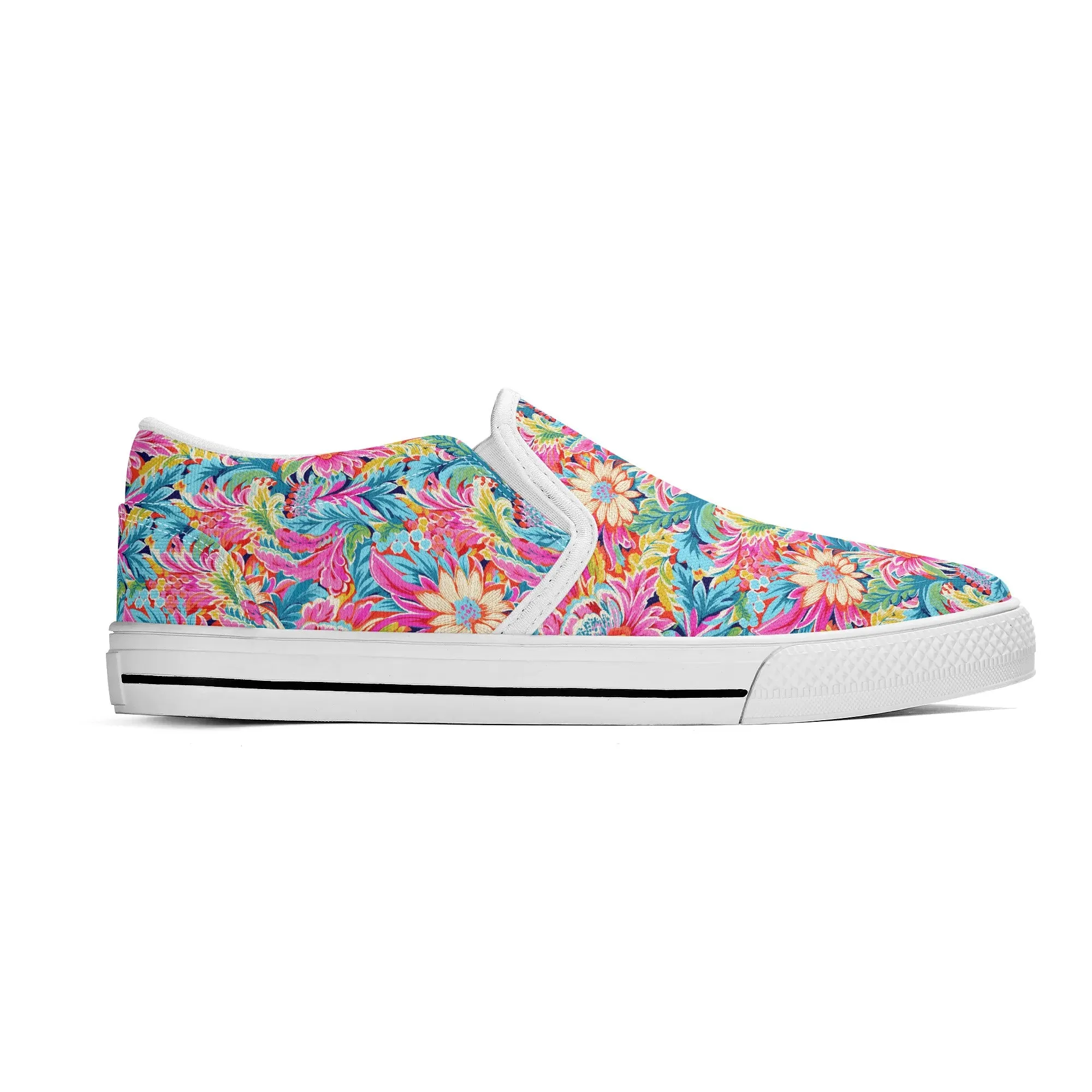 Coastal Summer Blooms: Bright Floral Watercolors in Coastal Hues Womens Canvas Slip On Shoes US5-US12
