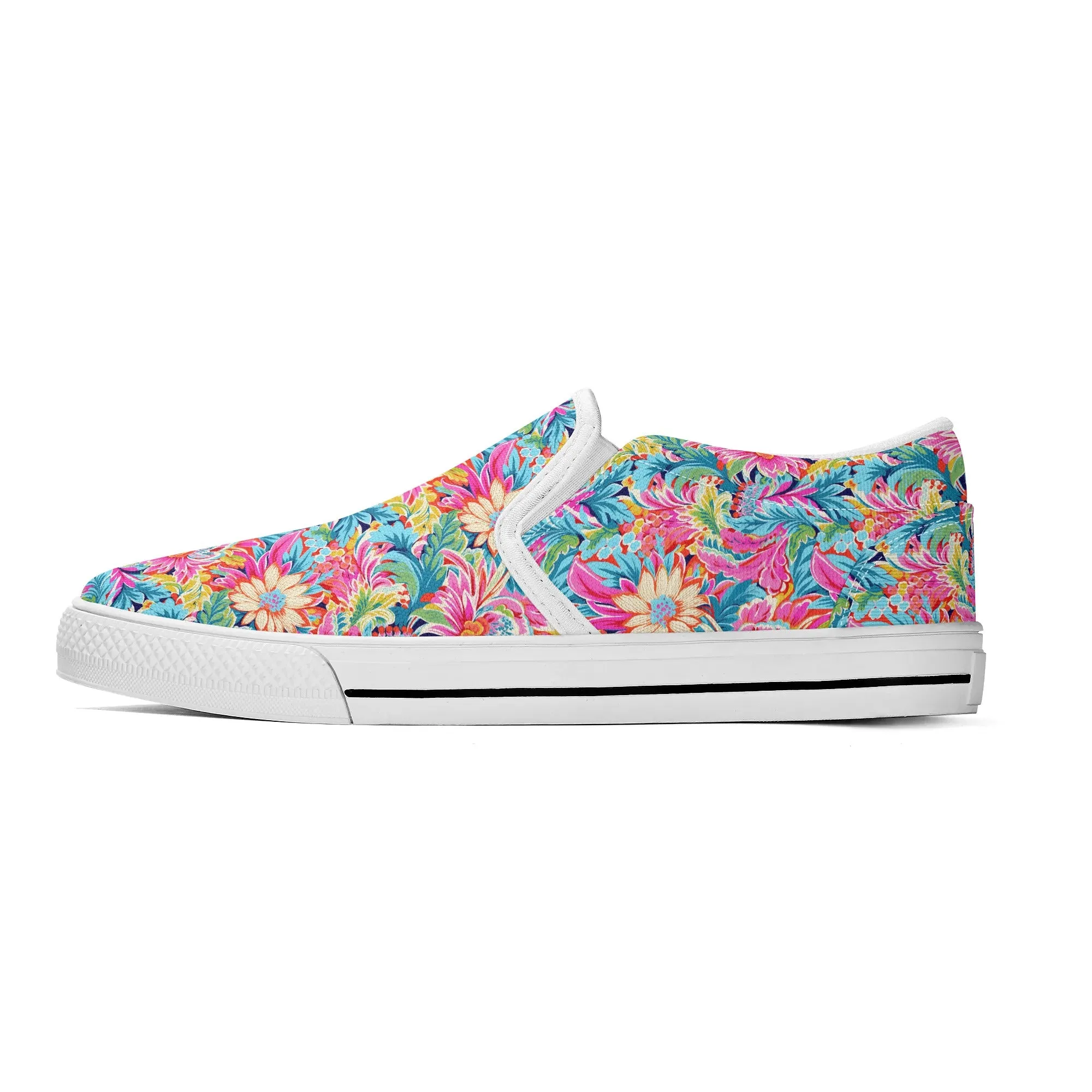 Coastal Summer Blooms: Bright Floral Watercolors in Coastal Hues Womens Canvas Slip On Shoes US5-US12
