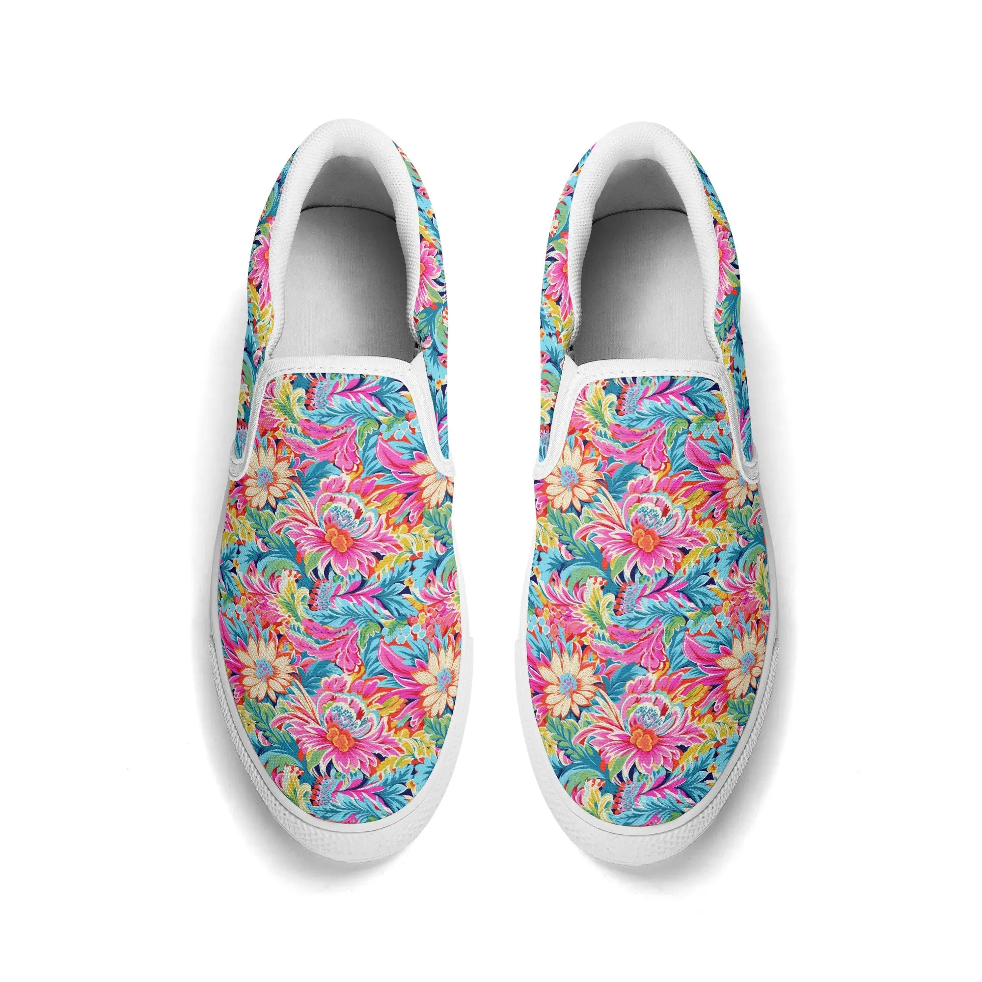 Coastal Summer Blooms: Bright Floral Watercolors in Coastal Hues Womens Canvas Slip On Shoes US5-US12