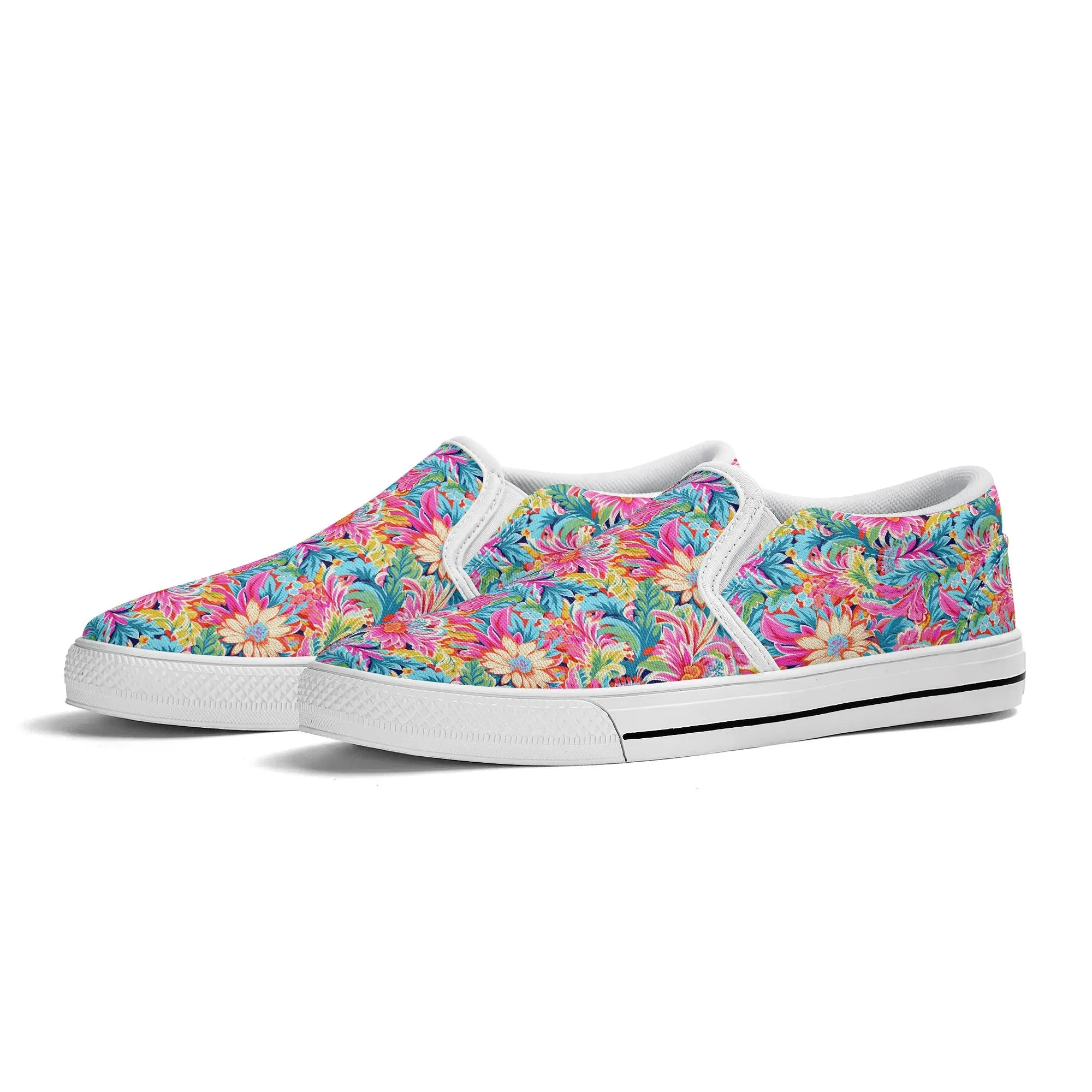 Coastal Summer Blooms: Bright Floral Watercolors in Coastal Hues Womens Canvas Slip On Shoes US5-US12