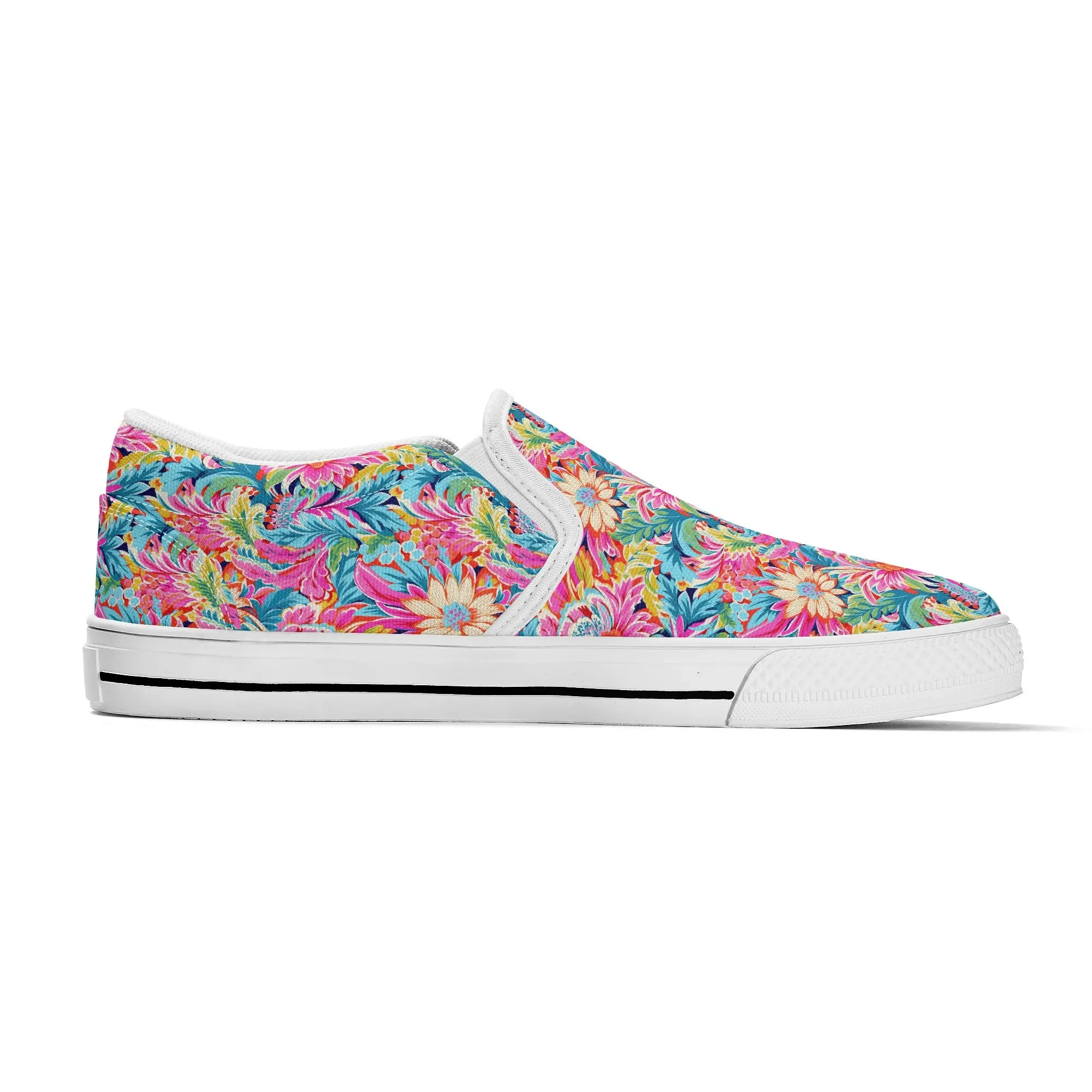 Coastal Summer Blooms: Bright Floral Watercolors in Coastal Hues Womens Canvas Slip On Shoes US5-US12