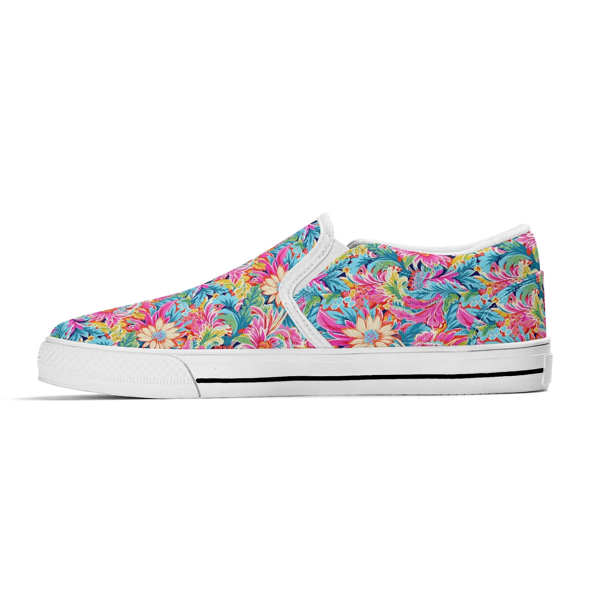 Coastal Summer Blooms: Bright Floral Watercolors in Coastal Hues Womens Canvas Slip On Shoes US5-US12