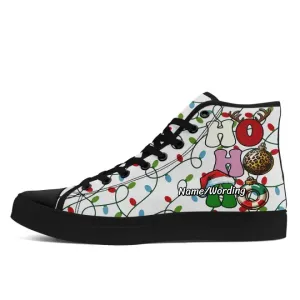 Corporate Gifts,Personalized Green Stripe Sneakers, Custom Santa Shoes, Canvas High Top Gym Shoes, Gift for Christmas