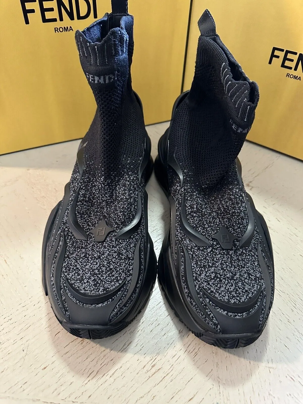 Fendi Contrast Knit High Top Sock Sneakers Shoes Black 14 US 7E1554 NIB $1190