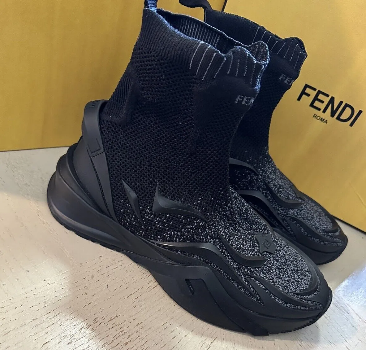 Fendi Contrast Knit High Top Sock Sneakers Shoes Black 14 US 7E1554 NIB $1190