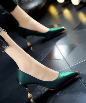 Green Pointed Toe Stiletto Faux Leather Unique Zircon Splicing LY1744