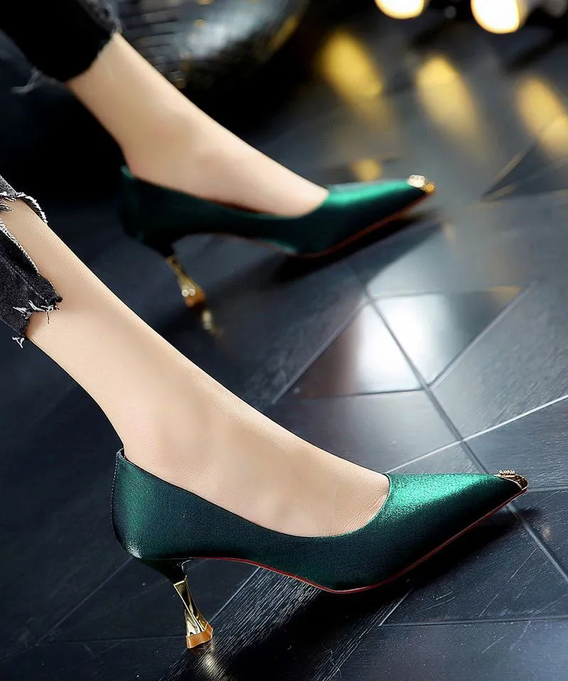Green Pointed Toe Stiletto Faux Leather Unique Zircon Splicing LY1744