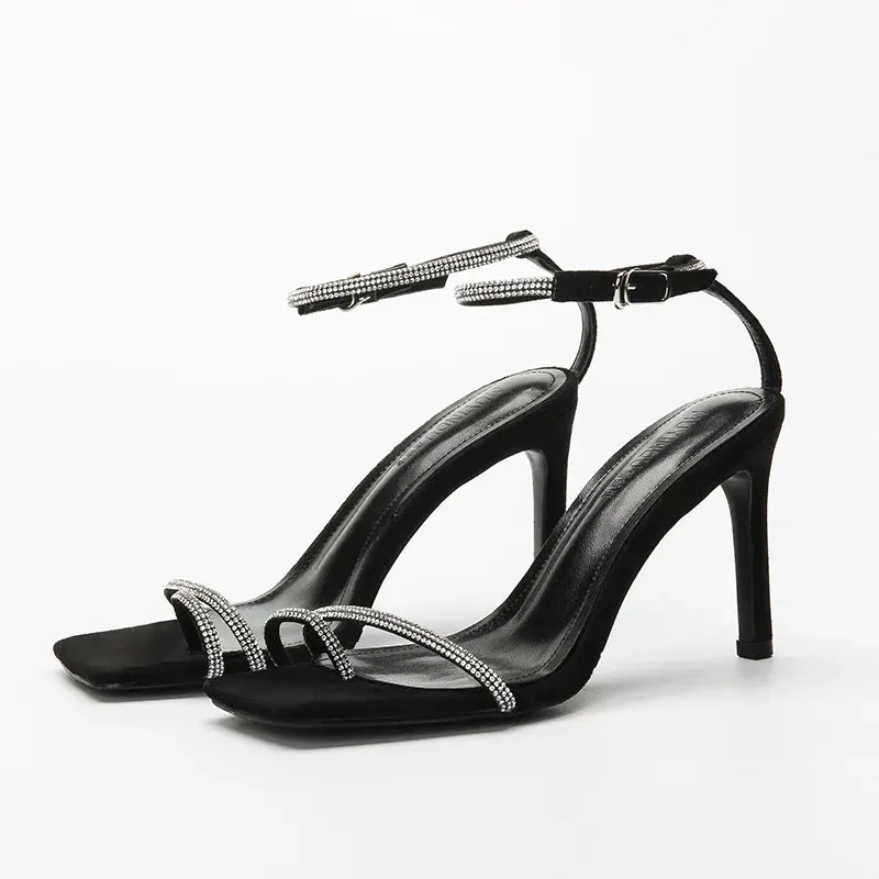 Hnzxzm Women's Anti-Slip Wear-Resistant Square Toe Rhinestone Stiletto Sandals Fashion Solid Color Women's Sexy Exquisite High Heels
