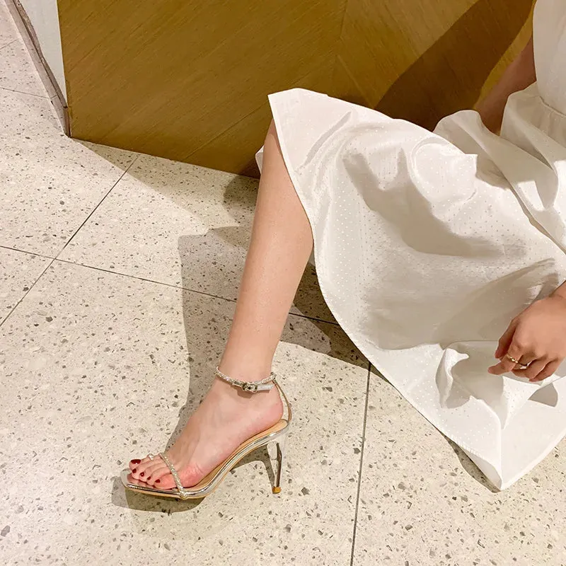 Hnzxzm Women's Anti-Slip Wear-Resistant Square Toe Rhinestone Stiletto Sandals Fashion Solid Color Women's Sexy Exquisite High Heels