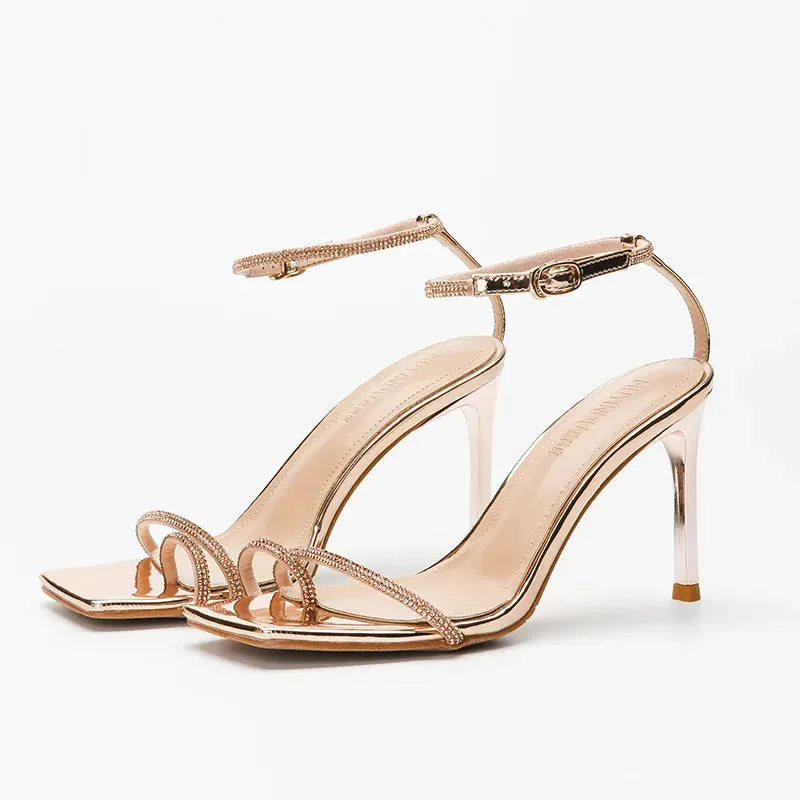 Hnzxzm Women's Anti-Slip Wear-Resistant Square Toe Rhinestone Stiletto Sandals Fashion Solid Color Women's Sexy Exquisite High Heels