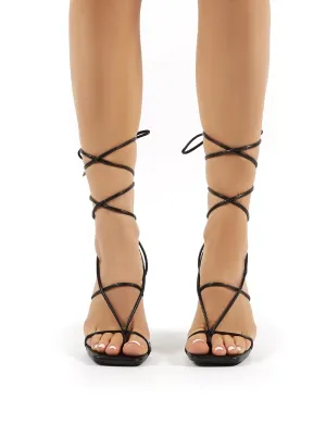 Hysteria Black PU Strappy Lace Up Clear Perspex Stiletto High Heels