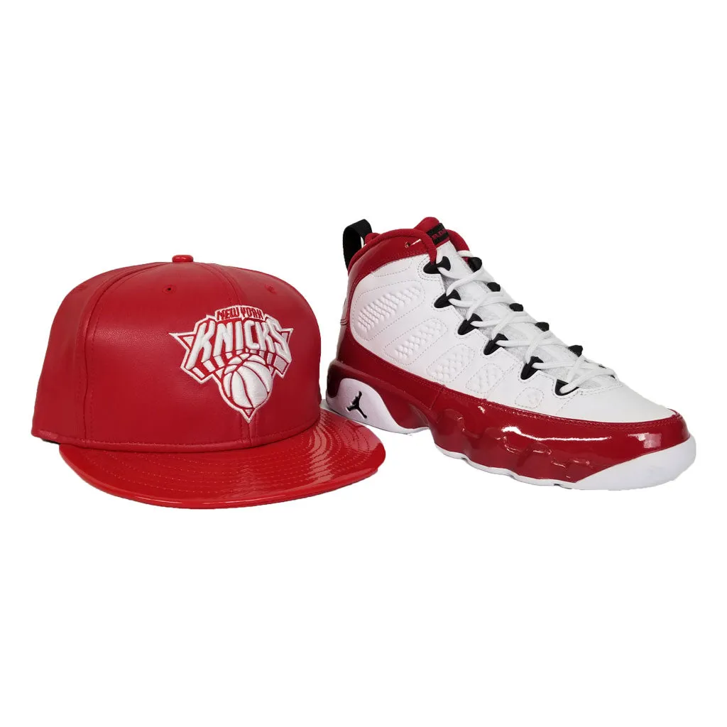 Matching New Era PU Leather New York Knicks Snapback Hat For Jordan 9 Gym Red