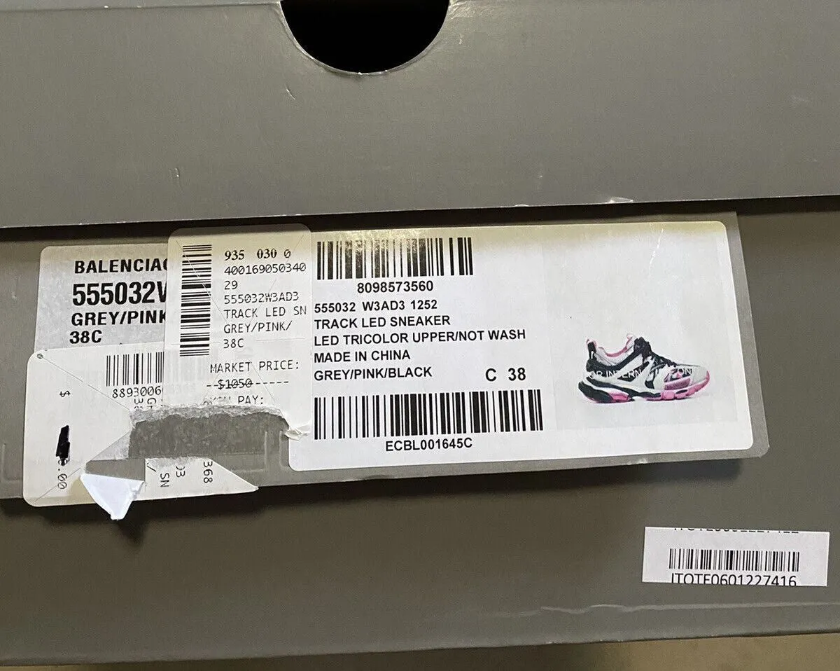 NIB $1050 Balenciaga Women Track LED Sneakers Shoes Gray/Pink 8 US/38 Eu