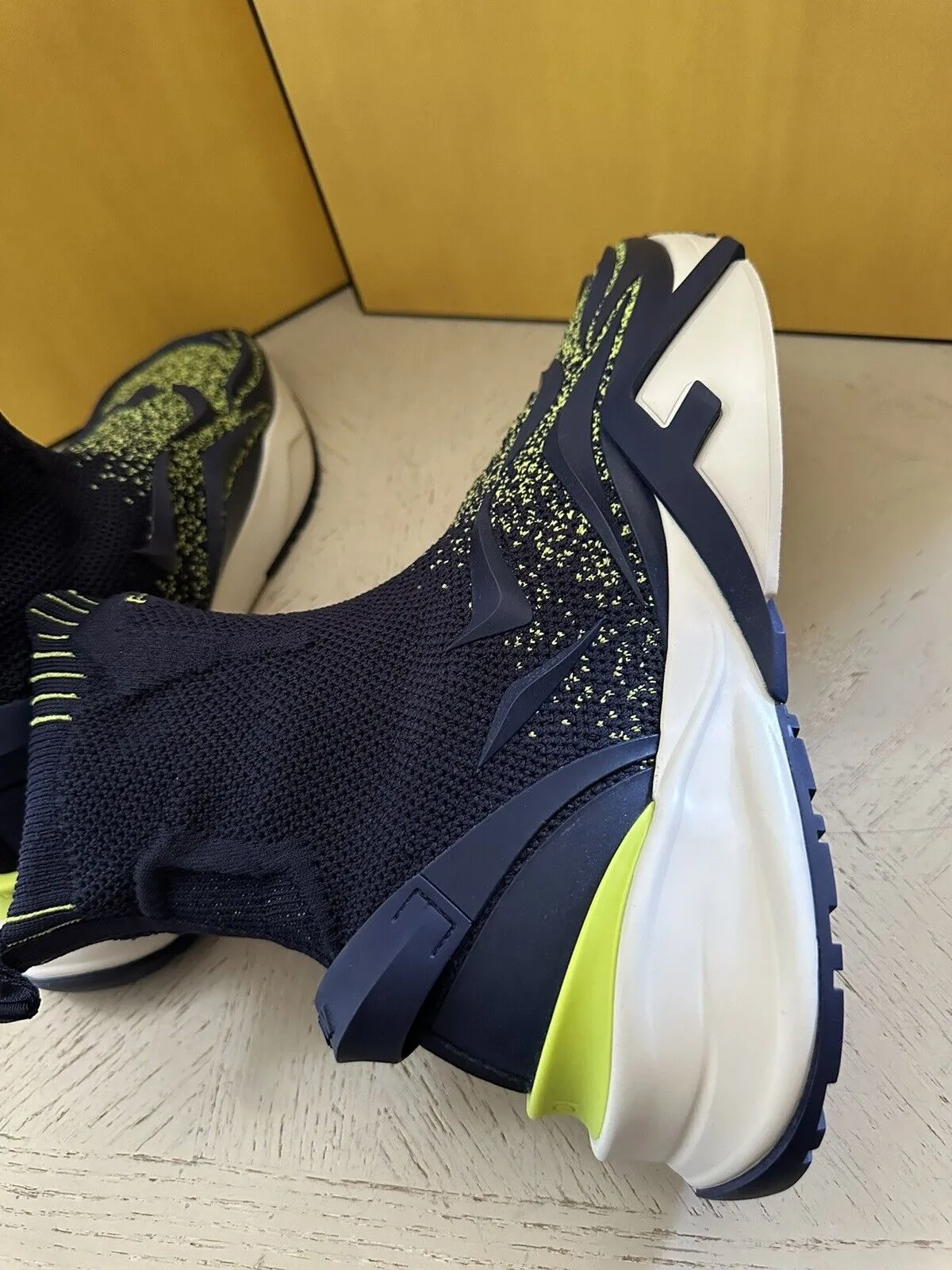 NIB $1190 Fendi Men Contrast Knit High Top Sneakers Shoes Navy/Green 12 US/11 UK