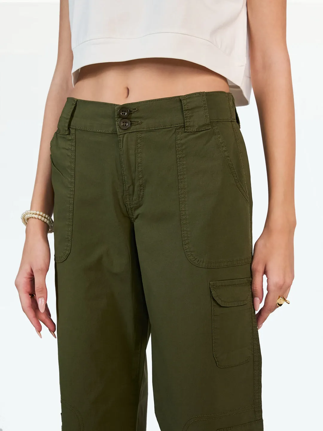 Olive Double Button Parachute Pants